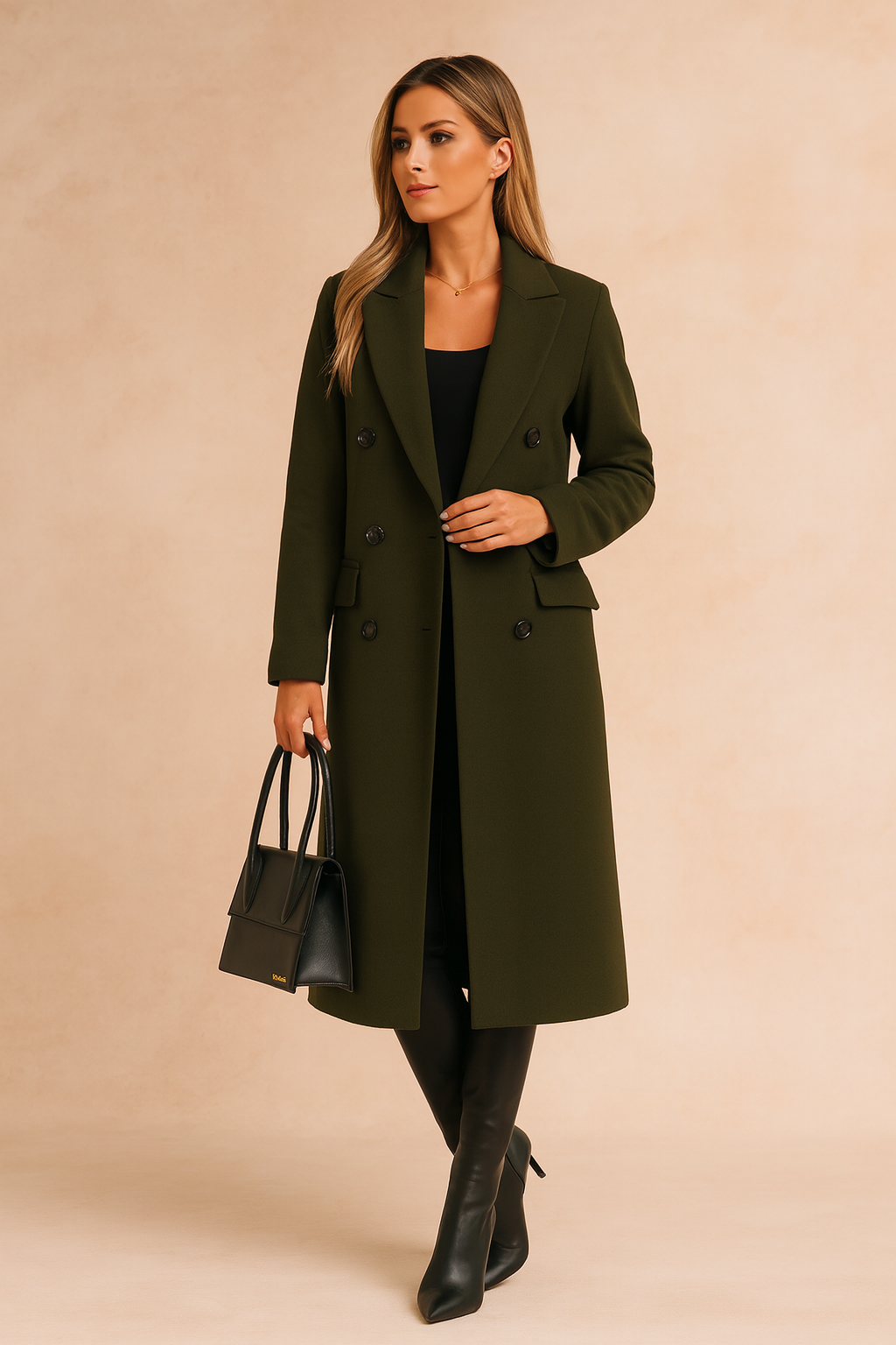 Warm and fashionable ladies long winter jacket with a double-breasted closure.
