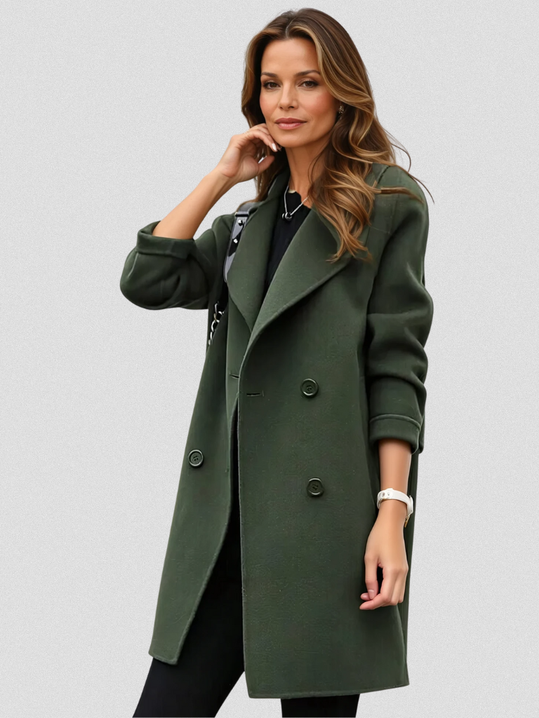 Elegant women's double-breasted longline coat. Classic autumn/winter outerwear for sophisticated style.