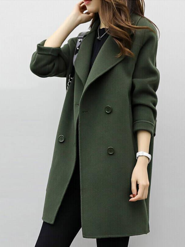 Chic women's double-breasted longline coat, perfect for modern autumn & winter fashion outerwear.