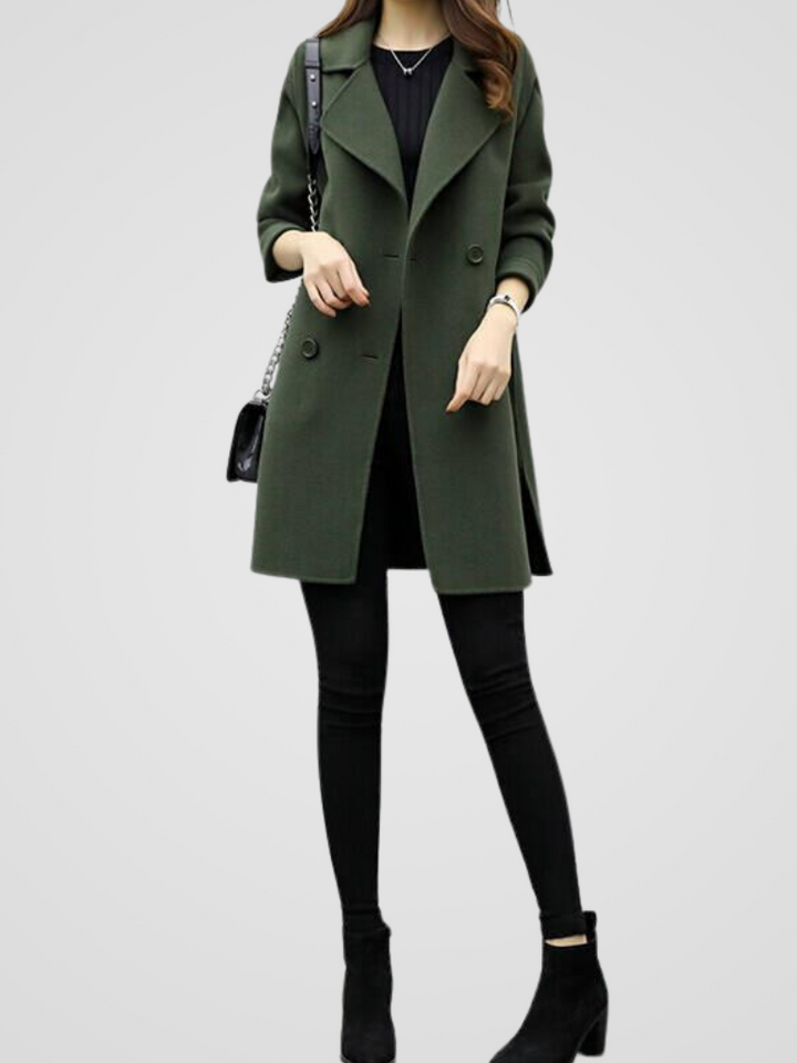 Sophisticated women's longline coat, double-breasted, ideal versatile classic for stylish looks.