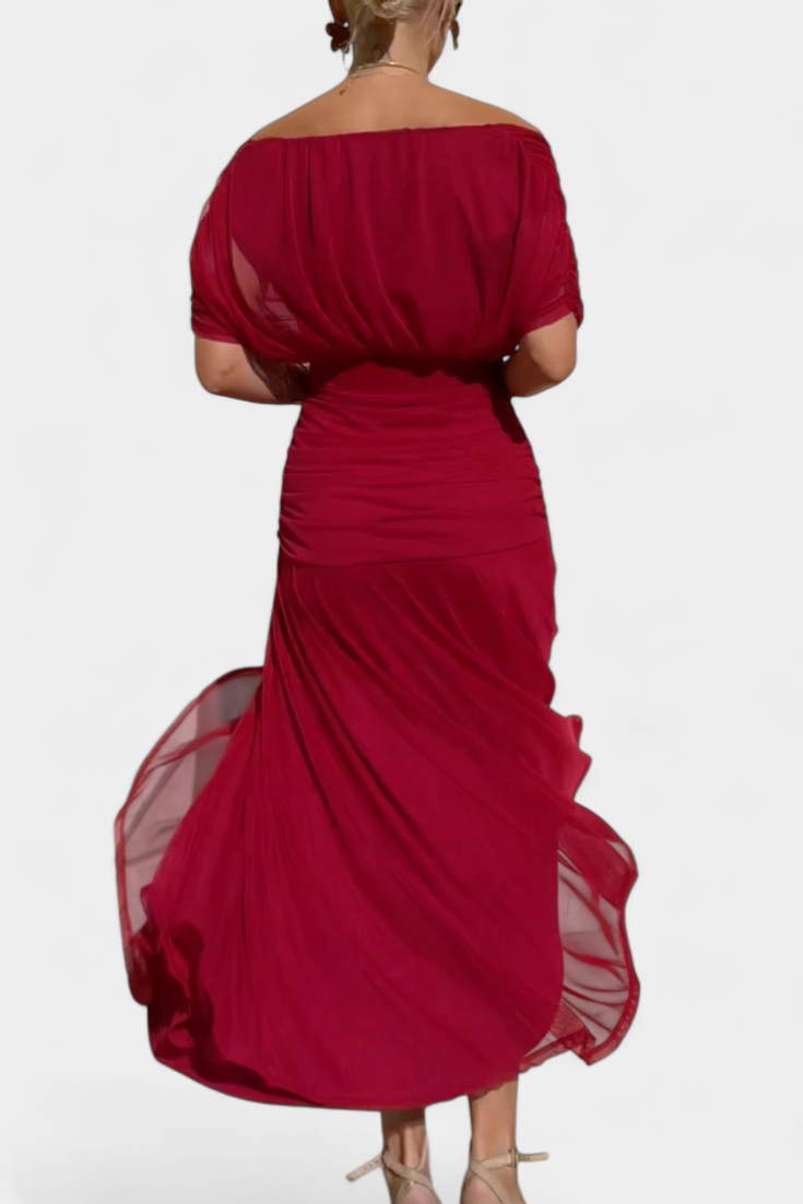 Women's stylish drape dress with flattering lace detail, perfect for formal evening wear.