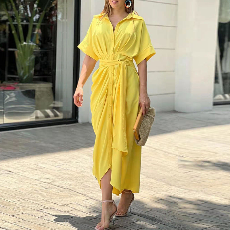 Stylish women's drape midi dress, offering elegant comfort for summer & spring. Perfect as a versatile casual outfit.