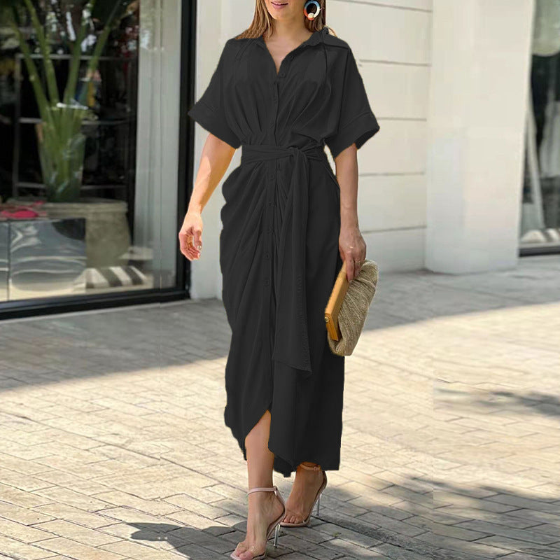 Elegant women's spring & summer midi dress with a comfortable drape. Ideal vacation or casual wear for stylish comfort.