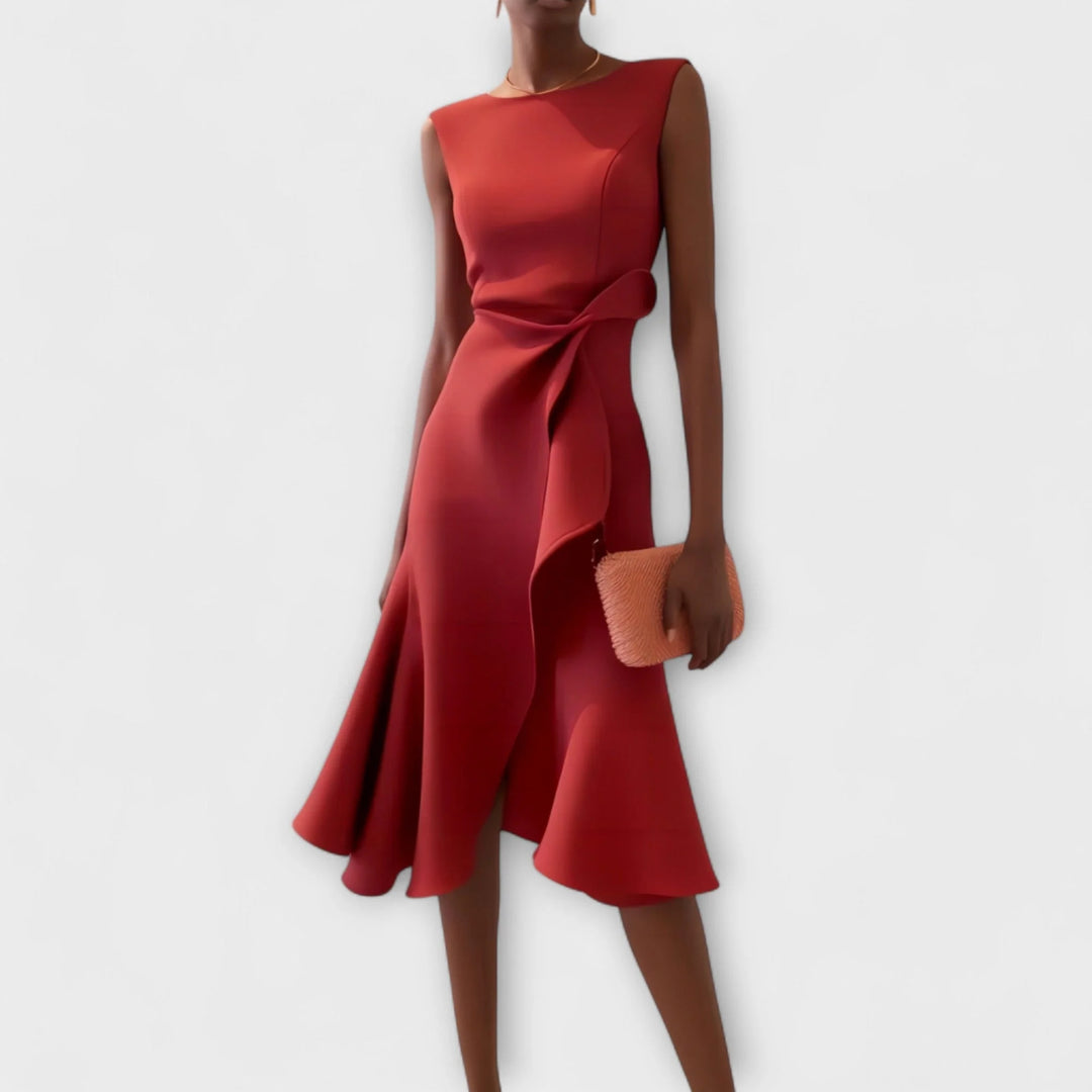 Elegant women's draped asymmetric midi dress with crew neck, flowy fabric & effortless style.