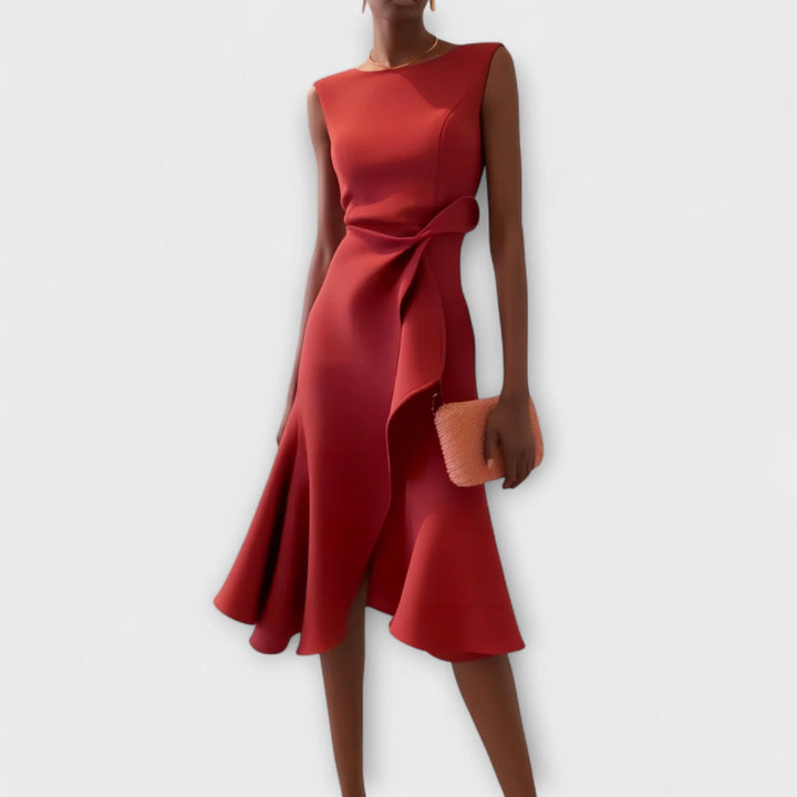 Elegant women's draped asymmetric midi dress with crew neck, flowy fabric & effortless style.