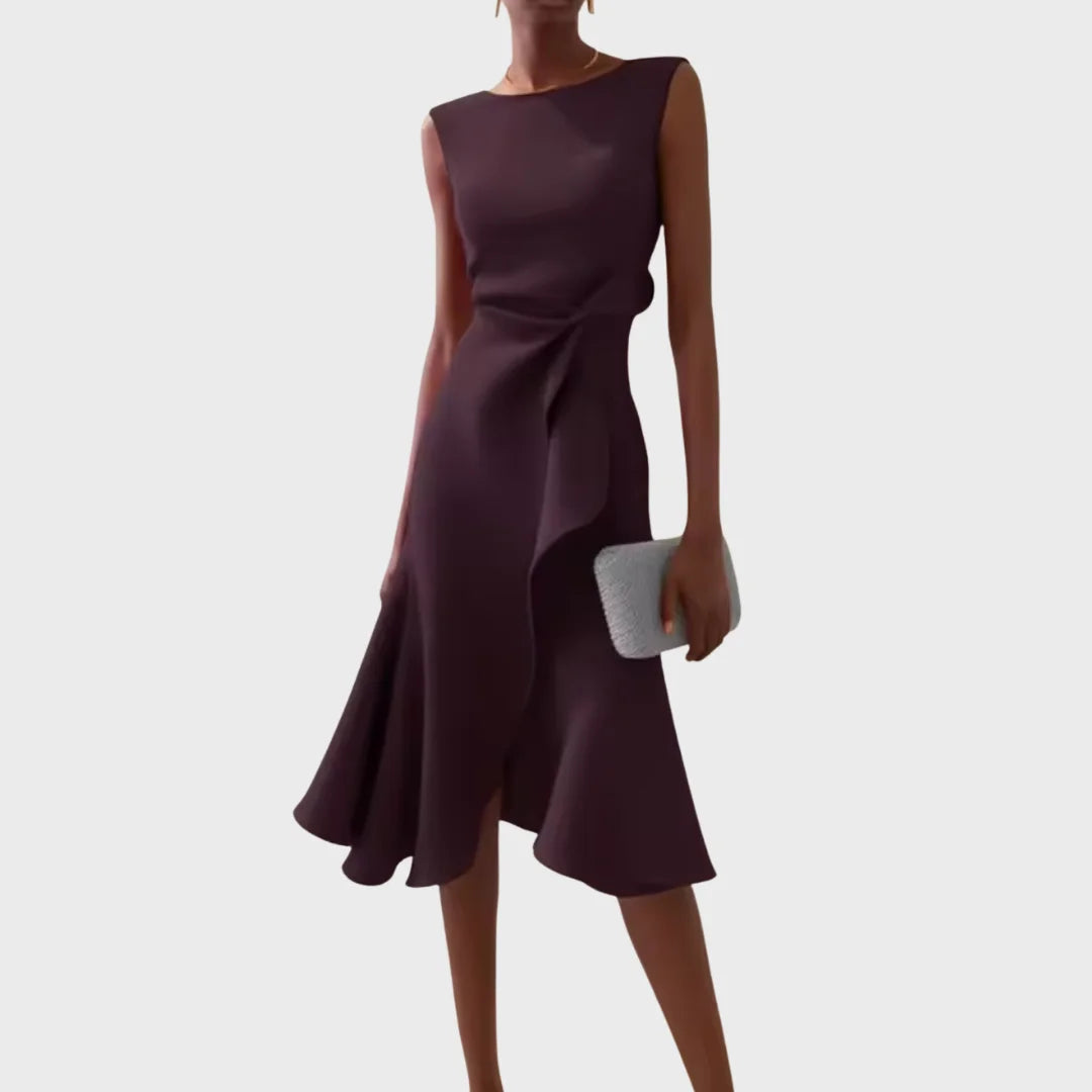 Full length elegant draped asymmetric midi dress for women, highlighting its flowy silhouette & chic details.