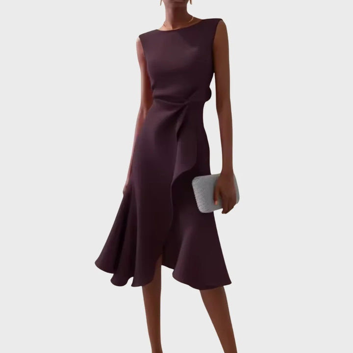 Full length elegant draped asymmetric midi dress for women, highlighting its flowy silhouette & chic details.