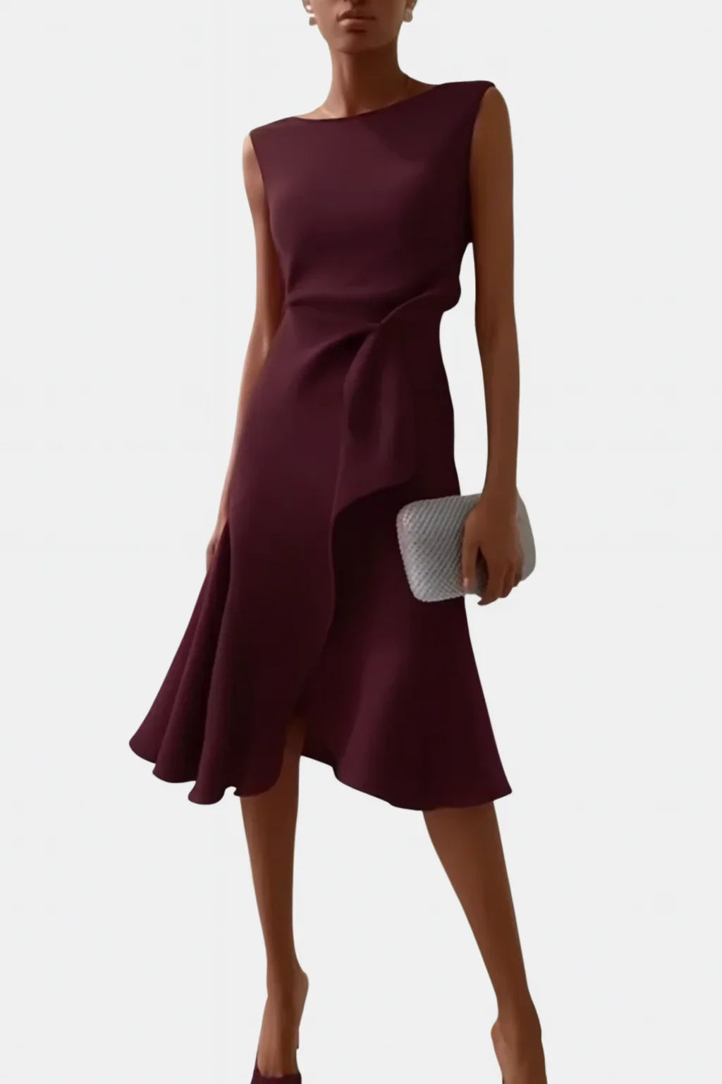 Women's elegant sleeveless midi dress, featuring a flattering draped asymmetric design & chic crew neck.