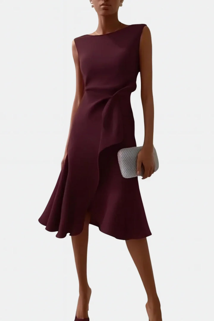 Women's elegant sleeveless midi dress, featuring a flattering draped asymmetric design & chic crew neck.