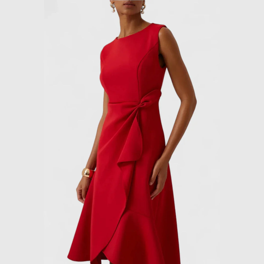 Stylish women's sleeveless midi dress with draped asymmetric hem, crew neck & elegant flowy design.