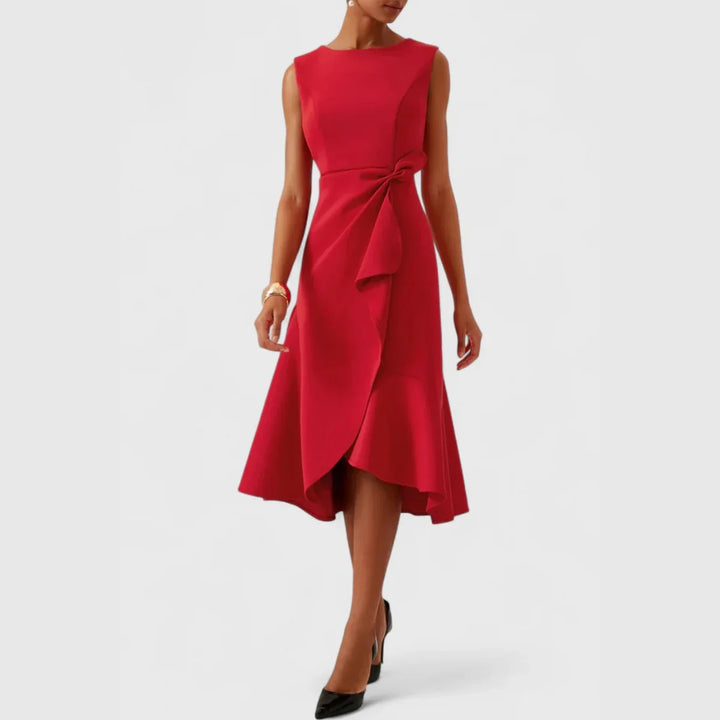 Effortless chic: women's elegant midi dress, featuring a draped asymmetric design & flowy sleeveless cut.