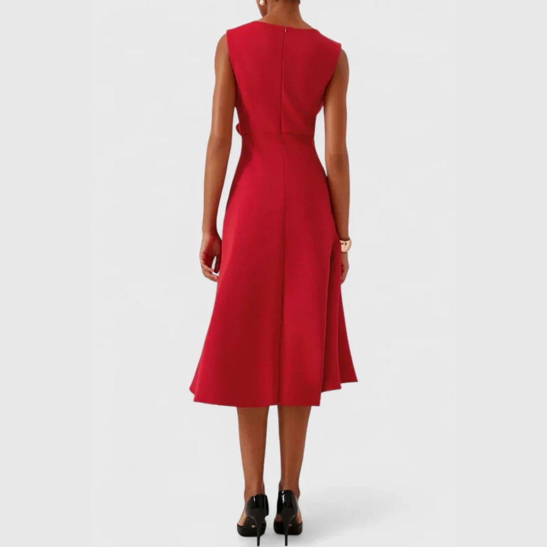 Polished look: women's elegant draped asymmetric midi dress, a flowy & chic sleeveless style for occasions.