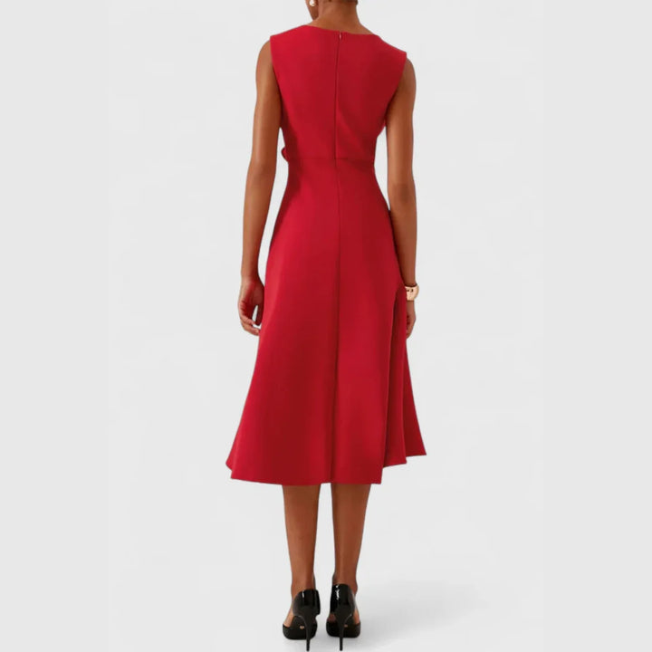 Polished look: women's elegant draped asymmetric midi dress, a flowy & chic sleeveless style for occasions.