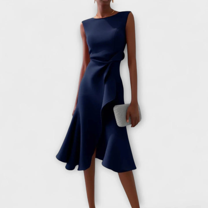 Chic sleeveless midi dress for women, featuring elegant drapes, asymmetric hem & flowy design.