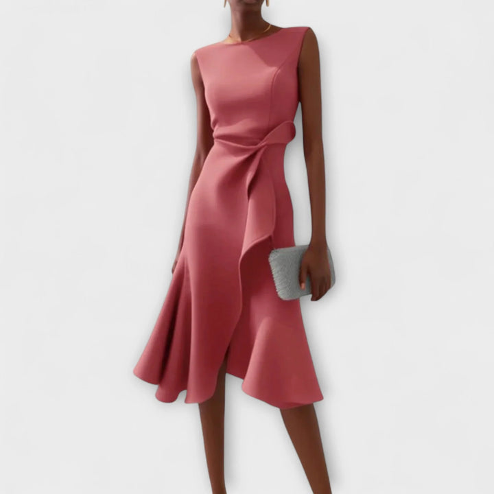 Effortless style: flowy draped asymmetric midi dress for women, offering an elegant & comfortable fit.