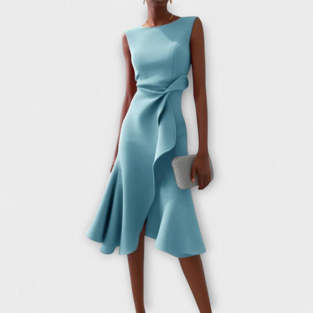 Women's elegant occasion wear midi dress, featuring a draped asymmetric design & chic sleeveless cut.