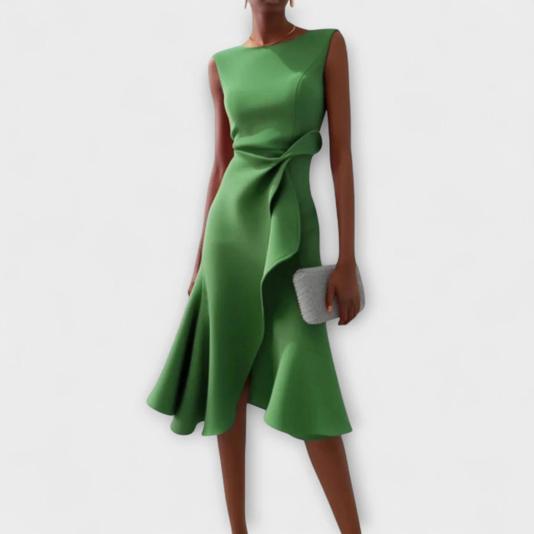 Women's elegant flowy midi dress with chic draped asymmetric design & comfortable sleeveless cut.