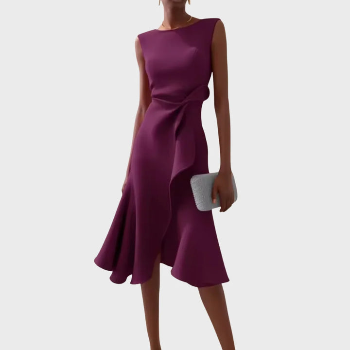Draped asymmetric midi dress for women, an elegant sleeveless piece with a flowing silhouette.