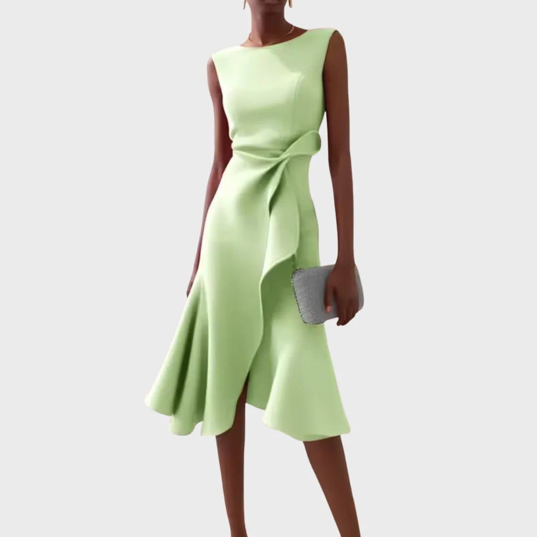 Elegant women's sleeveless midi dress with a unique draped asymmetric hem & flowy, chic style.