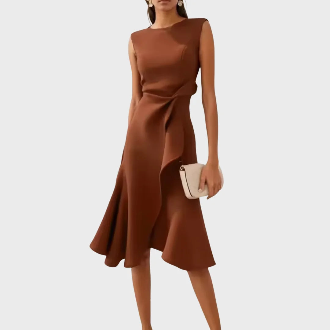 Versatile elegant midi dress for women, a draped asymmetric design with flowy silhouette for any occasion.