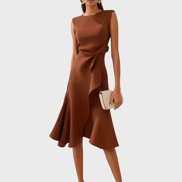Versatile elegant midi dress for women, a draped asymmetric design with flowy silhouette for any occasion.