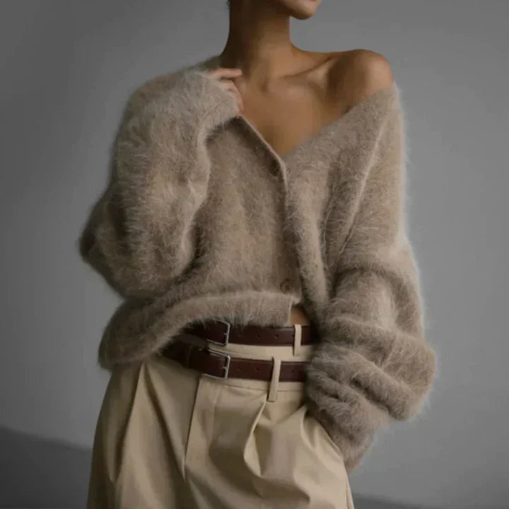 Soft women's draped cardigan, elegant layering piece for everyday comfort & style.