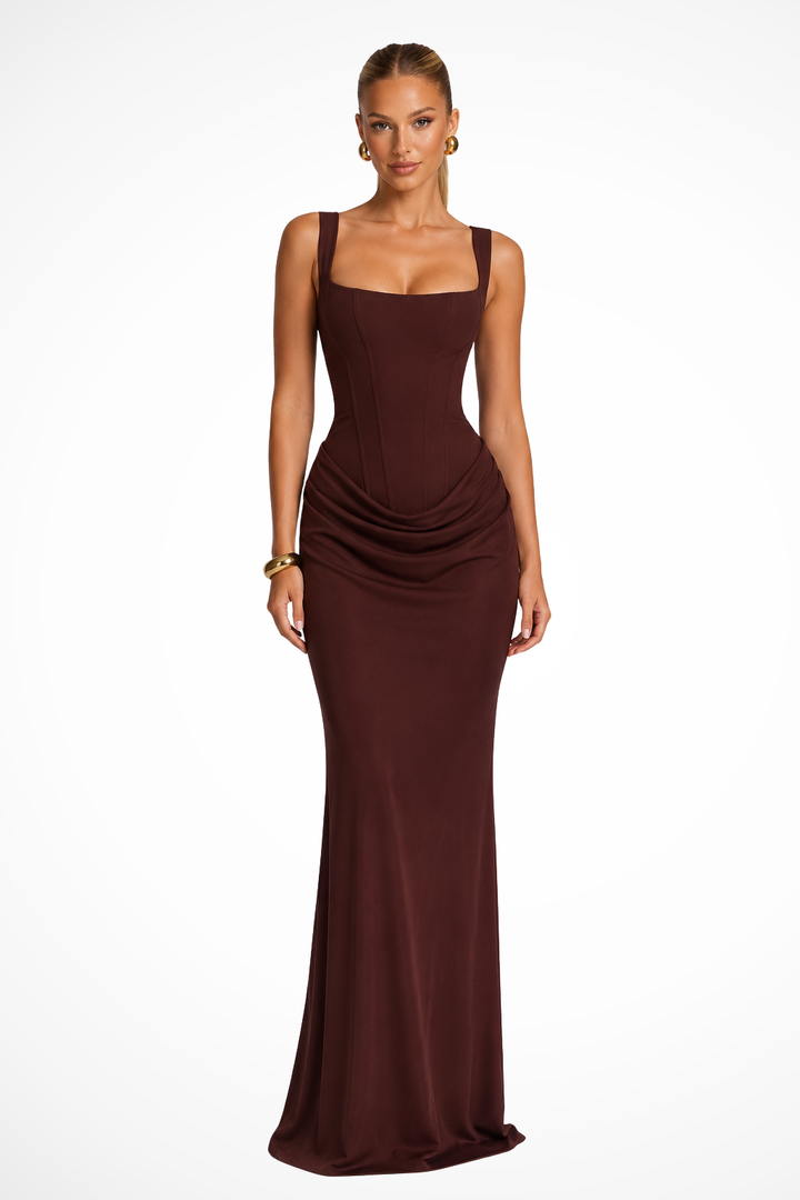 Stunning women's square neck draped corset maxi dress. Elegant long gown, perfect for formal events & parties.