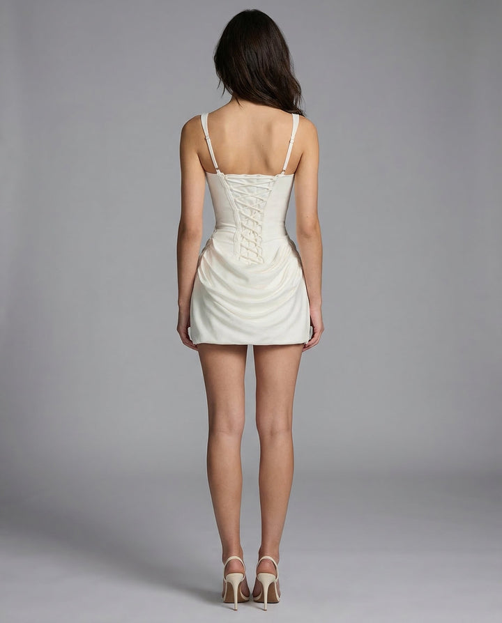Fashionable women's short dress, draped corset for a sculpted and flattering fit.