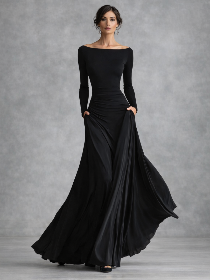 Elegant women's draped long sleeve maxi dress with flowy skirt, perfect for sophisticated occasions. Boat neck design.