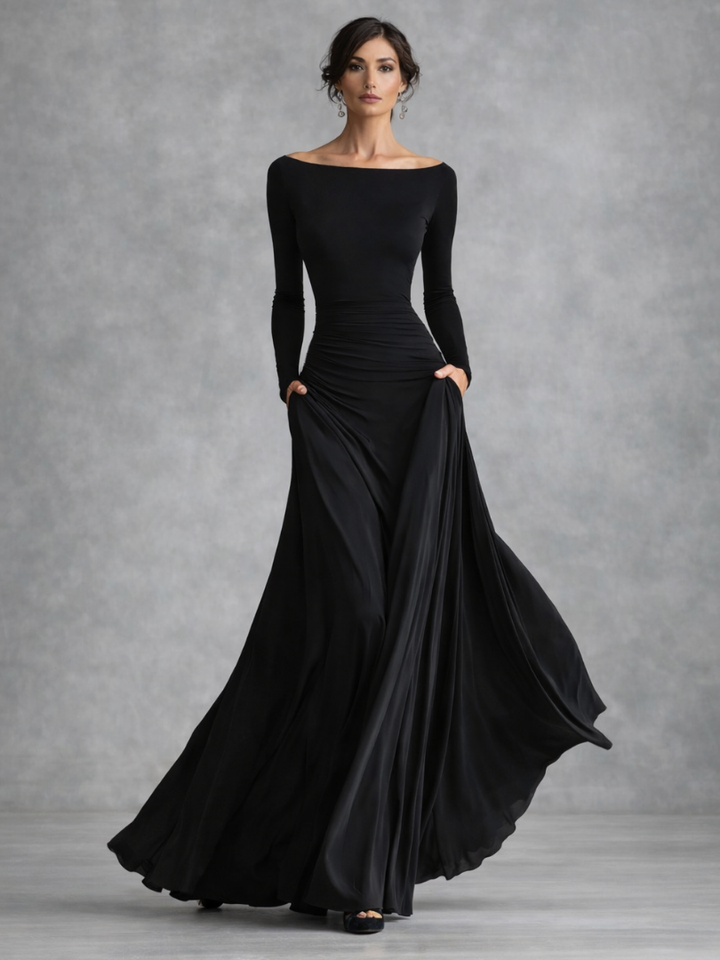 Elegant women's draped long sleeve maxi dress with flowy skirt, perfect for sophisticated occasions. Boat neck design.