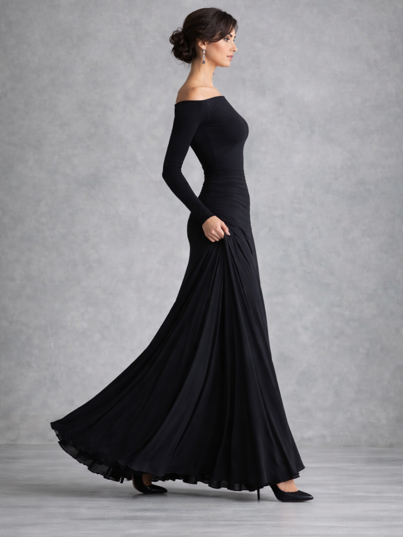 Sophisticated women's elegant draped maxi dress, long sleeve for formal occasions. Flowy silhouette, boat neck fashion.