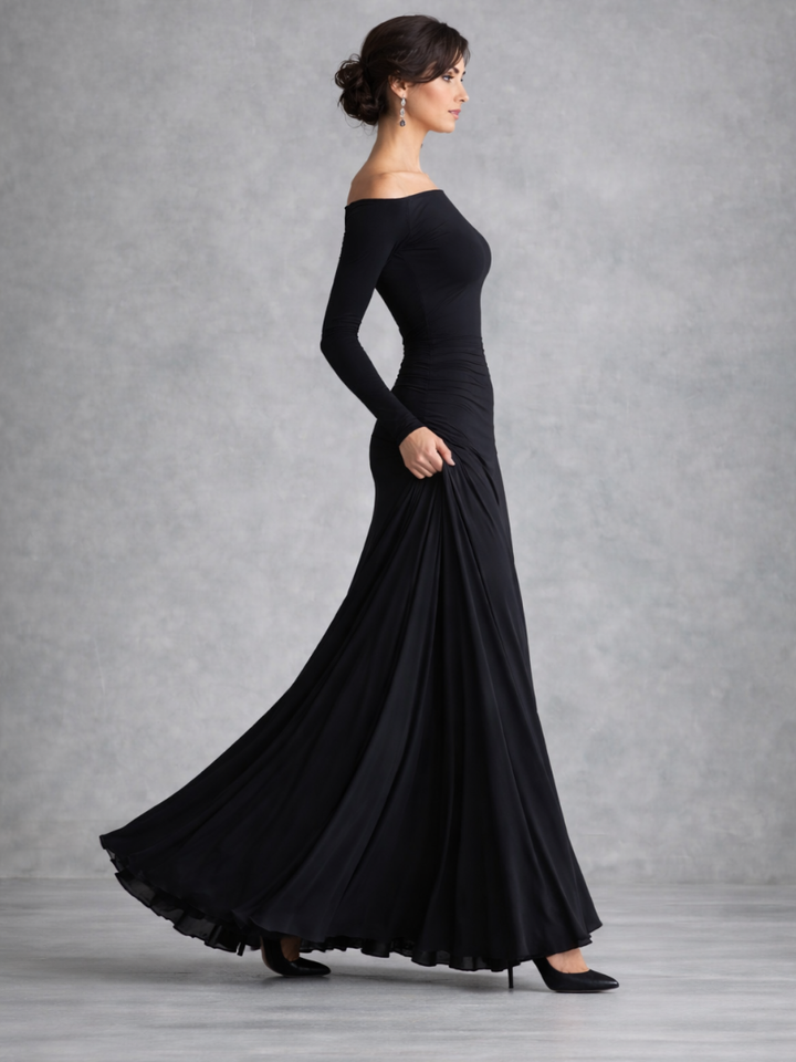 Sophisticated women's elegant draped maxi dress, long sleeve for formal occasions. Flowy silhouette, boat neck fashion.
