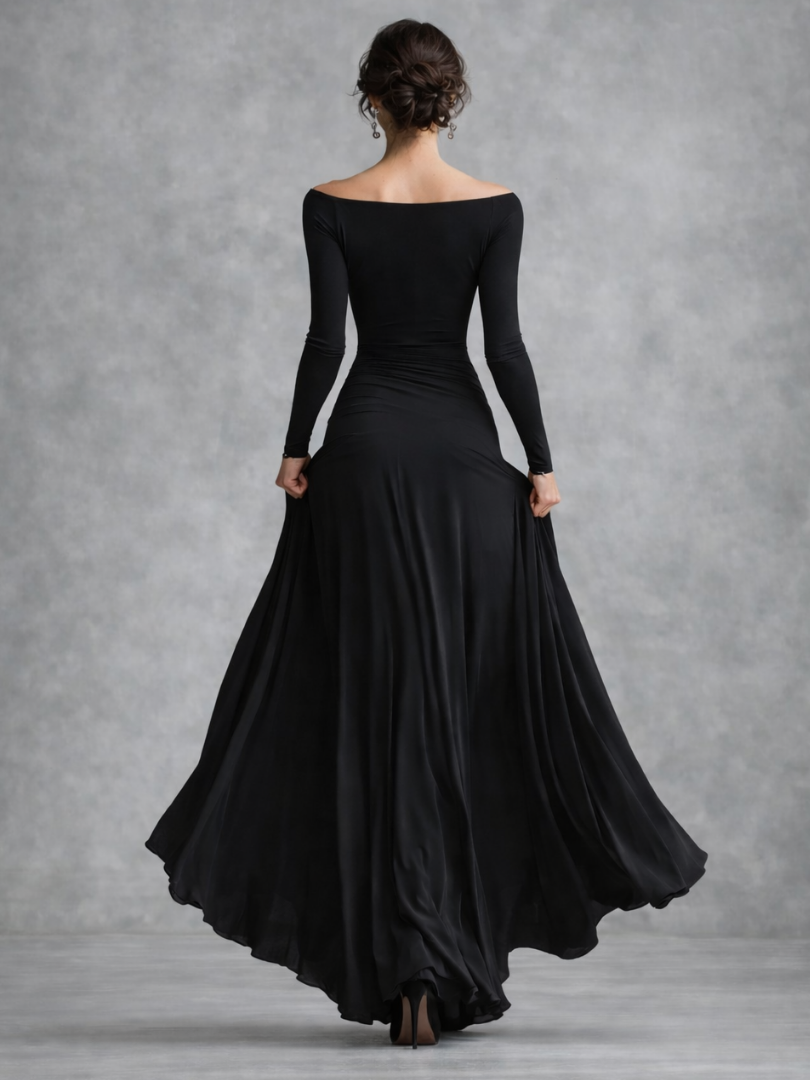 Versatile women's long sleeve draped maxi dress, flowy and comfortable for various elegant occasions. Boat neck style.