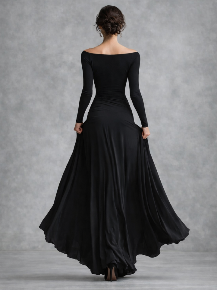 Versatile women's long sleeve draped maxi dress, flowy and comfortable for various elegant occasions. Boat neck style.