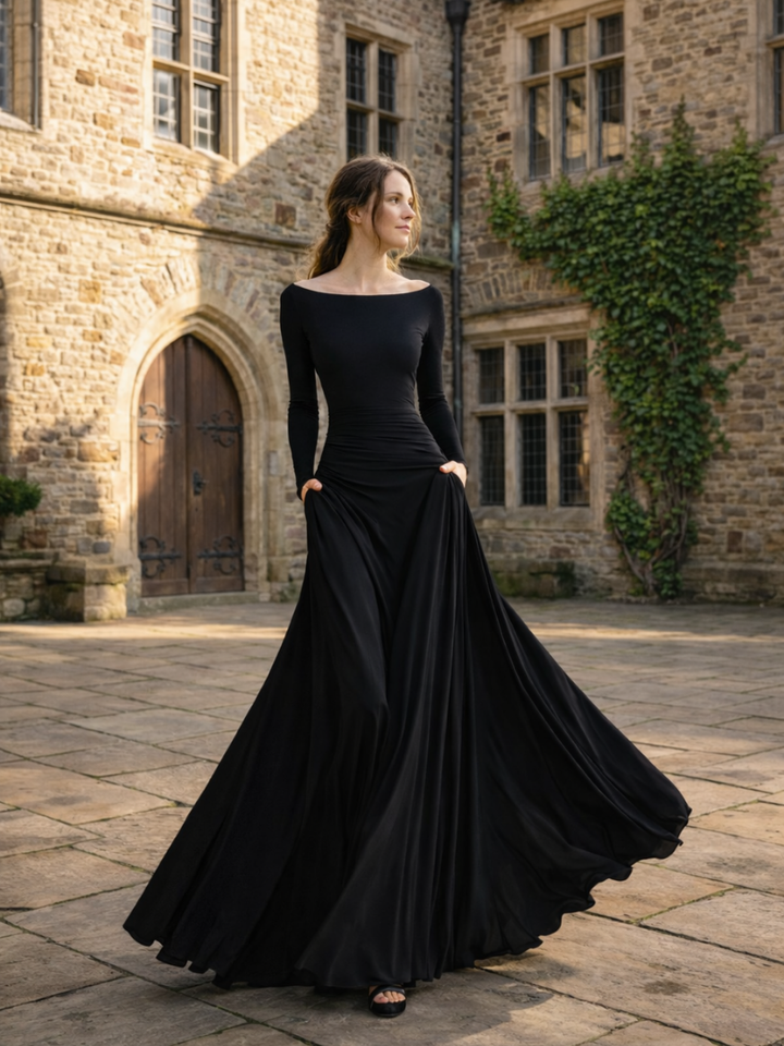 Flowy women's draped long sleeve maxi dress with elegant design. Perfect boat neck occasion dress for fashion.