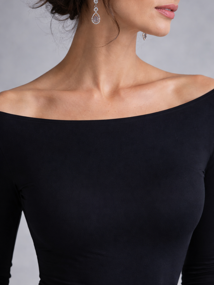 Chic women's elegant draped long sleeve maxi dress, a sophisticated addition to any wardrobe. Flowy, boat neck design.