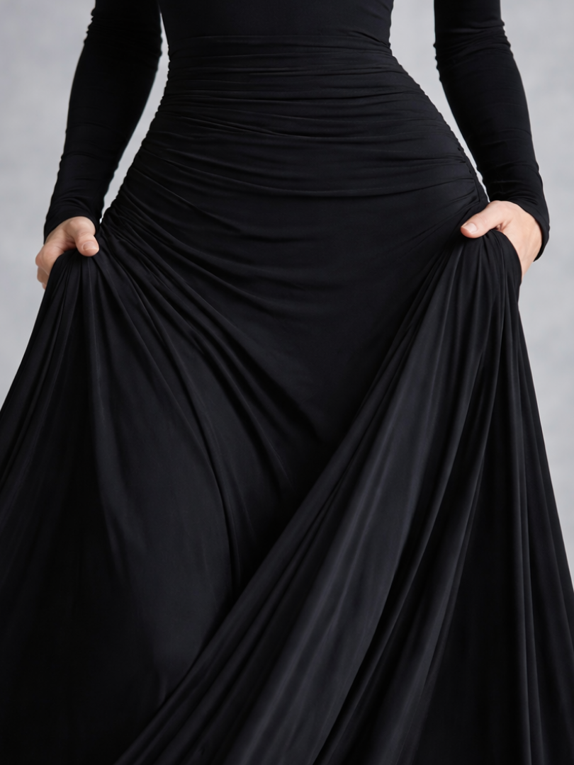 Women's elegant draped long sleeve maxi dress, showcasing its flowy skirt and sophisticated boat neck design. Versatile.