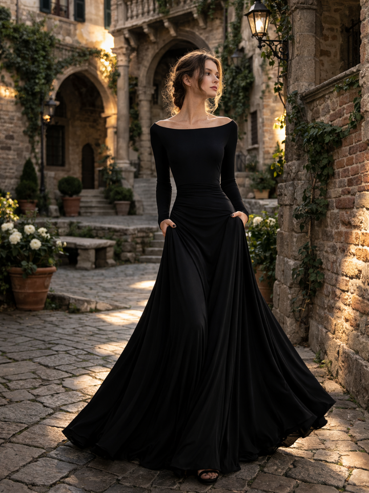 Side view of women's elegant long sleeve draped maxi dress, showing the beautiful flowy skirt and versatile design.
