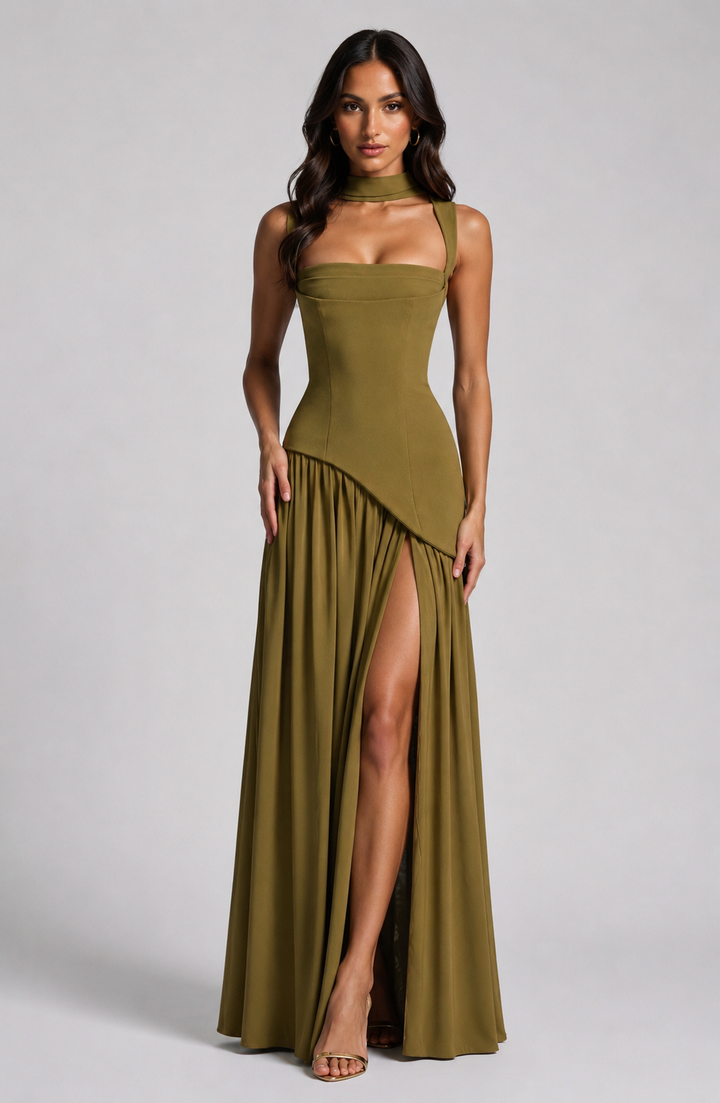 Chic women's elegant draped maxi dress, ideal for evening events or a flowing vacation look.
