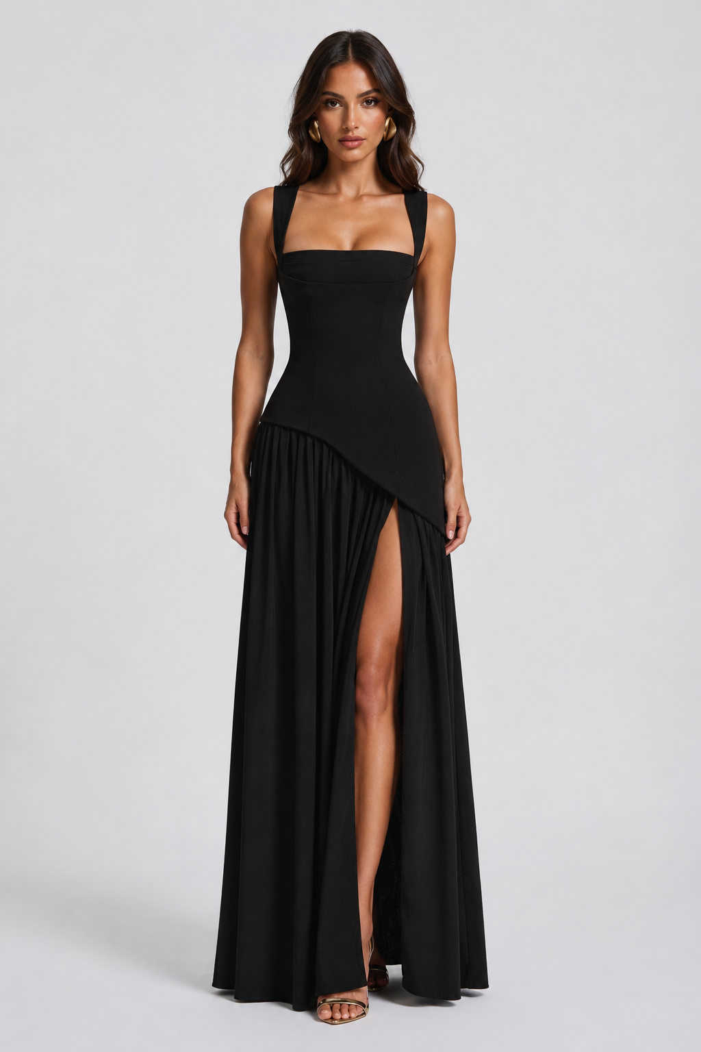 Flowing women's summer maxi dress with elegant drape, great for warm days or a chic casual outing.