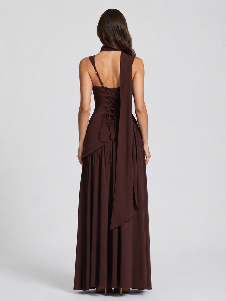 Versatile women's elegant draped maxi dress, a flowing chic option for summer, vacation, or evening wear.