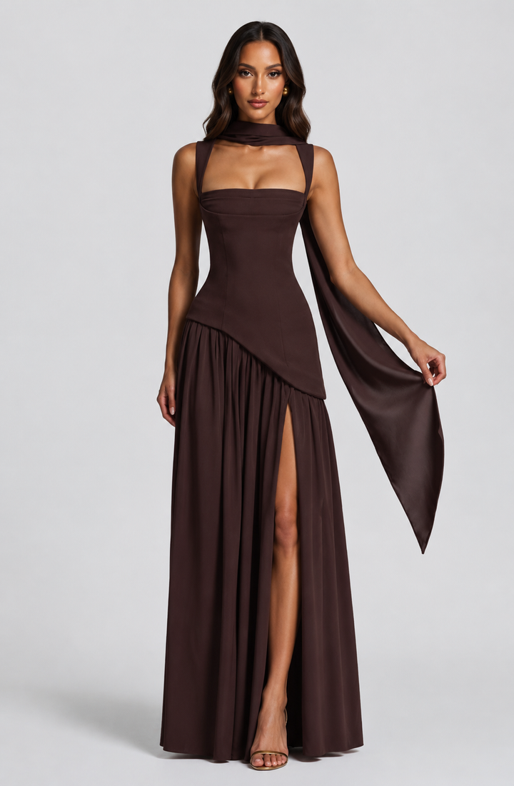 Lightweight, flowing women's draped maxi dress for elegant summer comfort. Chic for vacation or casual wear.