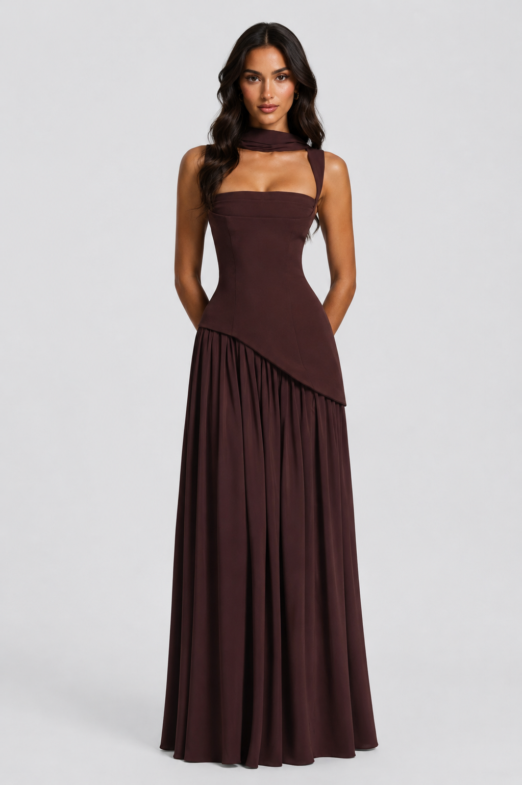 Full-length women's elegant draped maxi dress. Flowing summer style for vacation, casual wear, or an evening out.