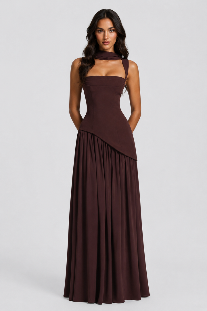 Full-length women's elegant draped maxi dress. Flowing summer style for vacation, casual wear, or an evening out.