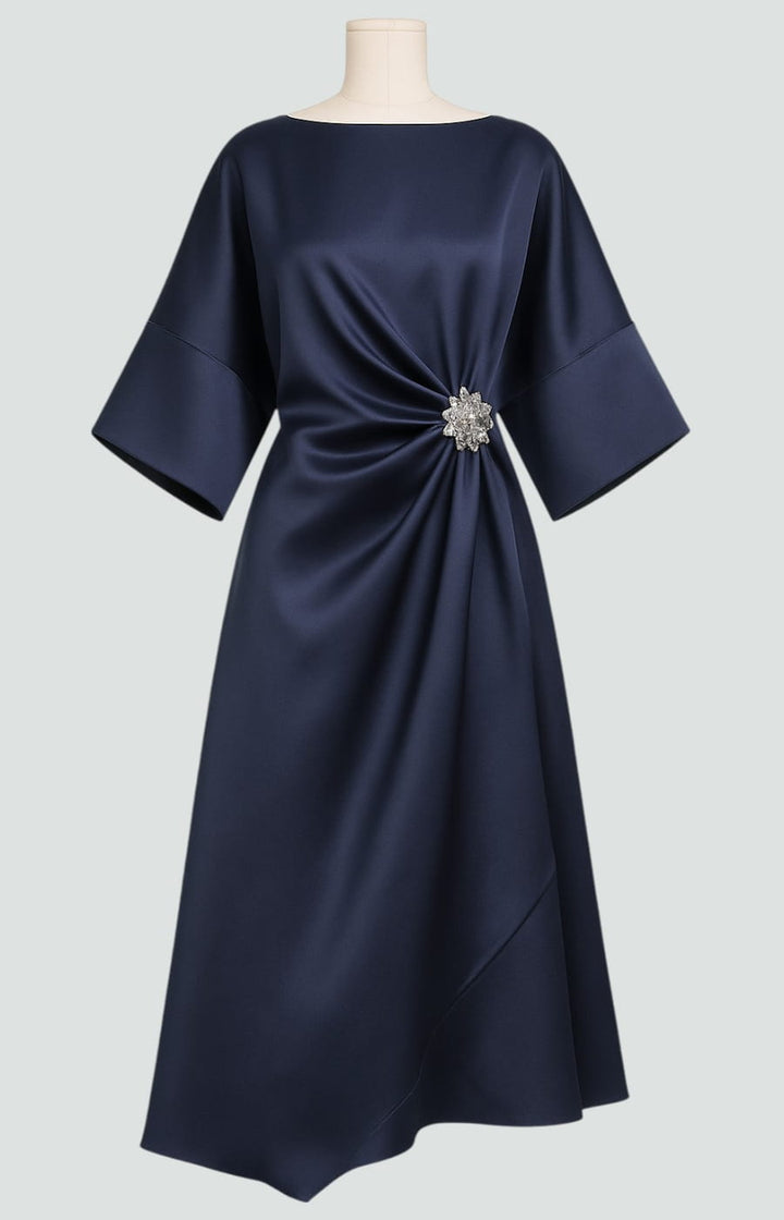 Comfortable & elegant women's draped maxi dress with brooch, ideal for summer evening parties.