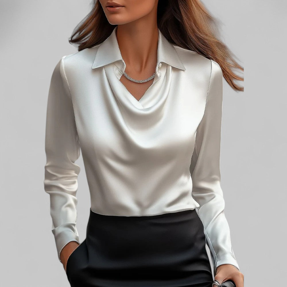 Elegant women's draped neck long sleeve blouse, perfect for versatile formal or casual styling.