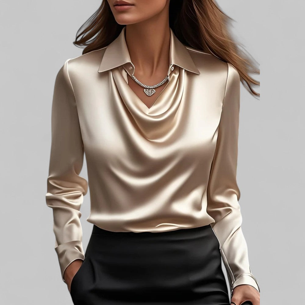Modern women's long sleeve blouse featuring a stylish draped neck, ideal for sophisticated fashion.