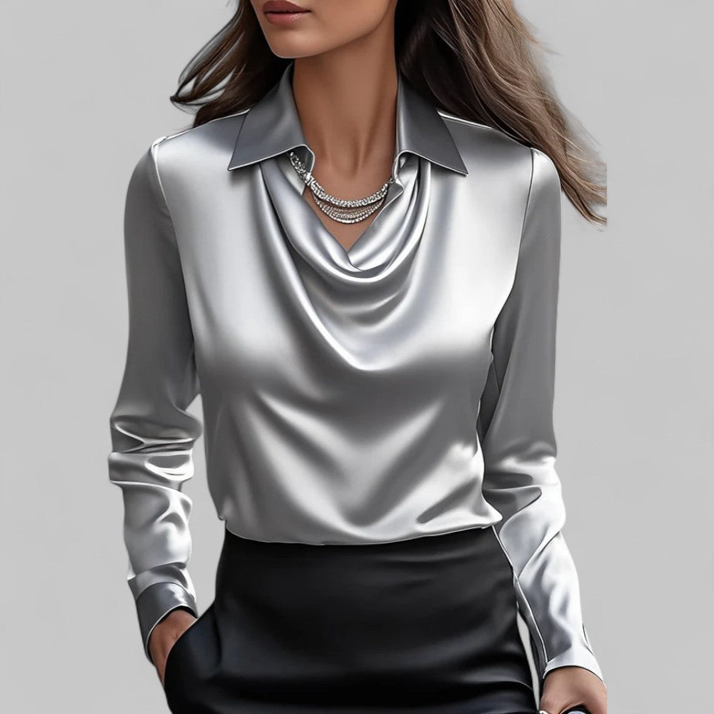Chic women's long sleeve blouse featuring a sophisticated draped neck, ideal for office wear or evening.