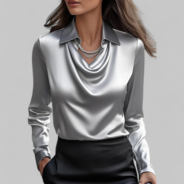 Chic women's long sleeve blouse featuring a sophisticated draped neck, ideal for office wear or evening.