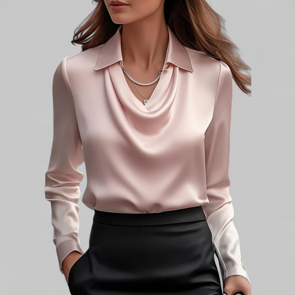 Versatile women's draped neck blouse with long sleeves, offering an elegant and fashionable look.
